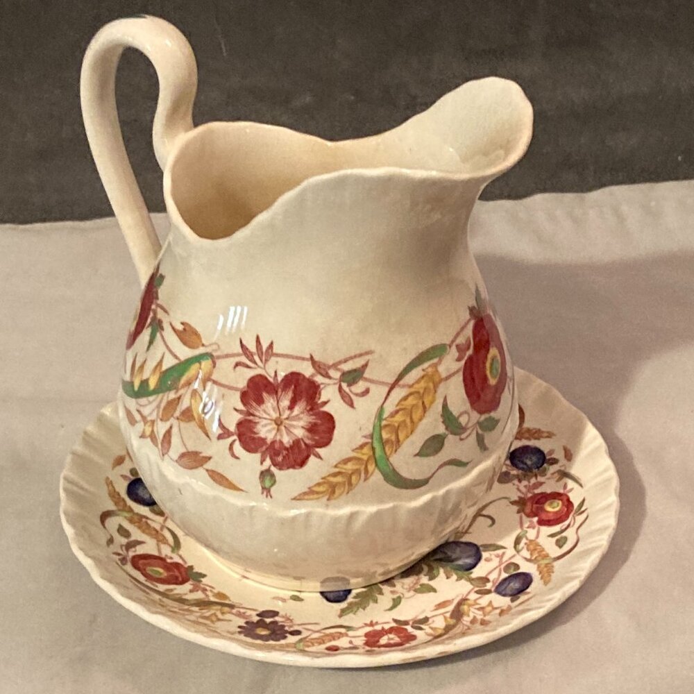 VTG 1940's Wedgwood Cornflower 8 oz Creamer & Saucer-Multicolor Florals-VGUC